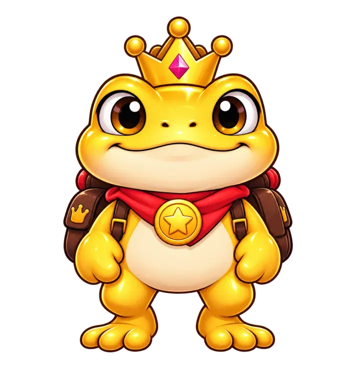 Toadal, the golden frog mascot wearing a crown, red scarf, and explorer backpack